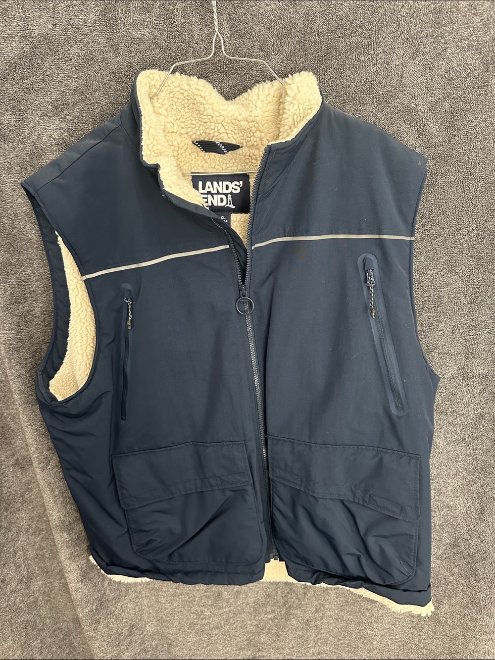 Lands' End Navy Sherpa-Lined Men's Vest with Zip Pockets